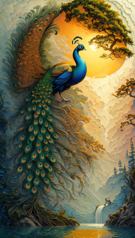 romantic art, low angle, This fantastical painting depicts a single peacock drinking water from a tranquil lake at sunset with clouds casting shadows across the sky. The setting sun bathes the scene in a warm golden light creating an ethereal atmosphere. The peacock's feathers are painted with incredible detail each individual scale visible under the artist's skilled hand. The clouds in the background are depicted in a gradient of colors from soft yellow and oranges to deep blues and gold adding to the dreamlike quality of the scene. The overall style is reminiscent of fantasy art with a focus on intricate details and a sense of wonder. The image is a true masterpiece showcasing the artist's exceptional skill in capturing the beauty and majesty of nature in a surreal and imaginative way. pastel colors, 
<lora:Paul_Signac_Neo-Impressionist_dotted_paintings_Pointillism:1> ah_signac  <lora:TQ_-__Kids_Storybook_Illustrations_XL-000006:0.2>  <lora:artfullyTREETTREET_SDXL_V1:1.2> Arttrttrt