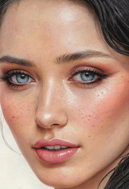 masterpiece, best quality,(color ink painting by Moebius, Katsuya Terada, ,Jeffrey Catherine Jones), Wonderful 18 year old girl, Top knot, black hair, blue eyes and beautiful prosperous breasts, ultra photorealistic, professional majestic portrait,  (illustration, watercolor sketch), (best quality), (intricate:1.2), (photorealistic:1.4),(detailed:1.2) ,((face focus)), ultra realistic face,  girl smiling, ((closeup, portrait)), ((pink lipstick, eyeliner, eye shadow, blush):1.2), ((best quality, masterpiece, extreme details, high resolution):1.2),((detailed eyes, beautiful eyes, detailed face, beautiful face):1.2), professional majestic 8k uhd, soft lighting, high quality, sharp focus, High Detail