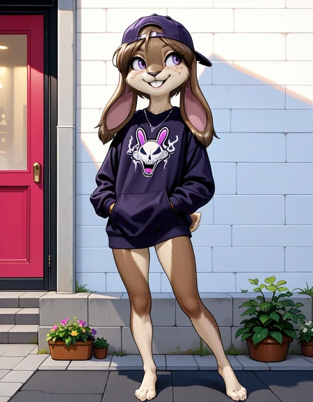 masterpiece, best quality, very aesthetic, absurdres,
outdoors, streetwear,  
barefoot, full body, posing, standing, 
seductive smile, parted lips, long eyelashes,
<lora:Nicole_Meadowsong_v01_NAIXL:1>
N1c013,1girl,solo,furry,furry female,rabbit girl,brown hair,backwards hat,short hair,rabbit ears,purple eyes,snout,animal nose,whiskers,buck teeth,body fur,two tone fur,brown fur,grey fur,rabbit tail,