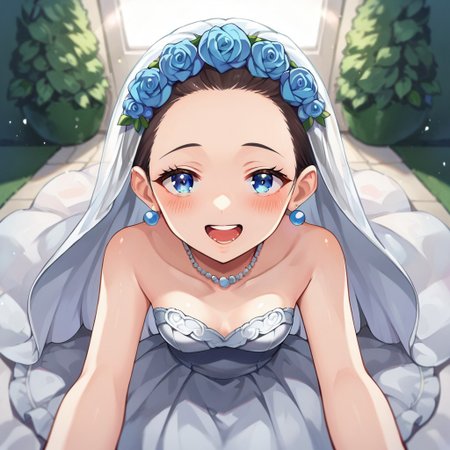score_9, score_8, score_7, source_anime, wedding dress, POV, looking at viewer, blush, smile, open mouth, upper teeth only