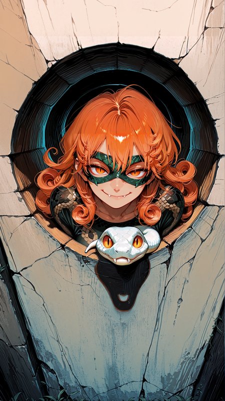 masterpiece, newest,absurdres,incrediblvy absurdres, best quality, amazing quality, very aesthetic, 
1girl, monster girl, (curly hair:1.3), smirk, wall, hiding, (snake fangs:1.3), orange hair, eye mask, slit pupils, snake patterned top, tunnel hole,
 <lora:Face_Enhancer_Illustrious:0.4> <lora:Anime_artist_illustrious_r1:0.3> Anime-art, Art8st <lora:ka_marukogedago:1> k4_illu,