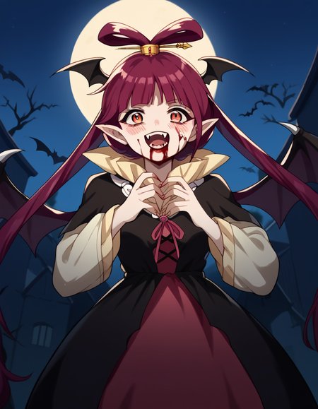 score_9, score_8_up, score_7_up, source_anime, <lora:kougyoku-ren-s1-ponyxl-lora-nochekaiser:1>, kougyoku ren, long hair, red hair, hair rings, twintails, bangs, blunt bangs, orange eyes, medium breasts,, <lora:vampire-ponyxl-lora-nochekaiser:1>, vampire, red eyes, pointy ears, fangs, black dress, wings, blood, blood on face, blood on mouth, bat (animal), halloween, halloween costume, upper teeth only, night, moon, blush, smile, open mouth, , dutch angle, cowboy shot