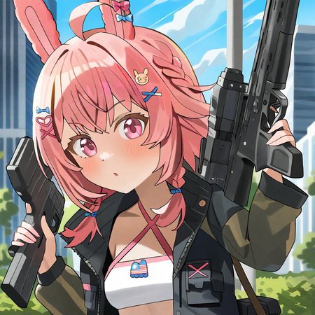 by hoodxart, pipkin pippa, 1girl, solo, animal  ears, pink eyes, pink hair, blush, bangs, ahoge, hair ornament, braid, small breasts, tactical jacket, criss-cross halter, holding a gun, 
standing, upper body, in a metropolis, sunny day, 
 <lora:pipkin_pippa_XL:1.5>