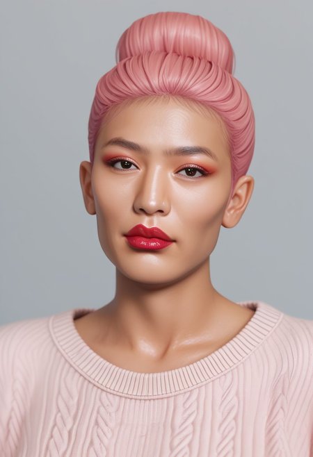 vpzdxizz, 1boy, genderless, mature, asian, solo, lipstick, pink hair, makeup, sweater, upper body, realistic, portrait PonyXLV6_Scores zPDXL