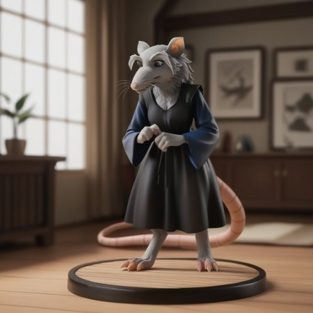 score_9, score_8_up, score_7_up, score_6_up, score_5_up, score_4_up, source_furry, Splinter03v2, semi-anthro, female, rat, grey fur, brown eyes, rat tail, , inside, full body,  black dress, blue sleeves