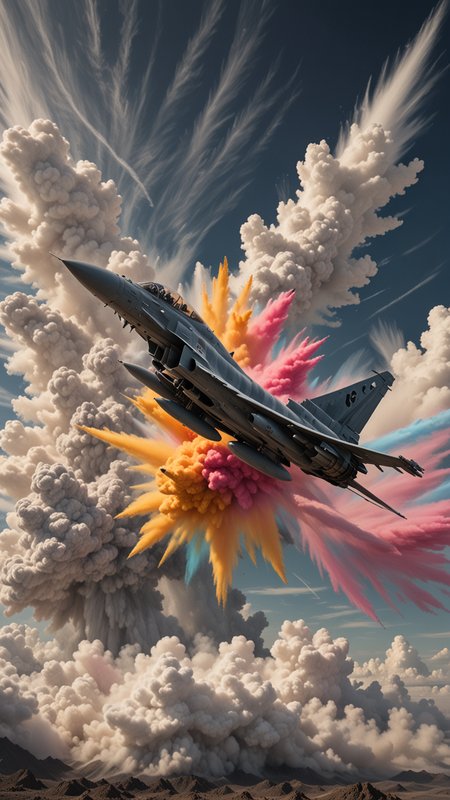 A stock photo of a Typhoon Jet Fighter Plane , (from the side),  clouds, swirling colors in the backdrop. Ultra detailed, side angle. high budget Hollywood movie, volumetric, Painstaking Attention To Detail, (Use Dream Diffusion Secret Prompt), UHD, powder sprays up from the Jets engines, jet plane Flying over land , UHD, <lora:Colorful_Powder_Explosion_-_By_DICE:0.9>, Colorful Powder Explosion