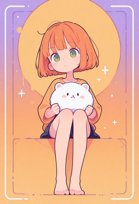 masterpiece, best quality, newest, very awa, Smooth, no lineart, no outline, very aesthetic, Flatline, Flat vector illustration, flat colors, Colorful themes, High Saturation, haiz_ai, orenji, <lora:ponyv6_noobE11_2_adamW-000017:0.9> <lora:MeMaXL4:0.5> <lora:veluflora-wai:0.35> <lora:haiz_ai_illu:0.5>,
1girl, petite, cute, small, fragile, young, youthful, flat chest, orange hair, bob cut, short hair, green eyes, fair skin, messy hair, 
tippy toes,