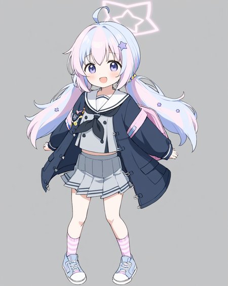 reisa \(blue archive\),1girl, solo, star_\(symbol\), star_hair_ornament, backpack, full_body, striped_socks, pleated_skirt, simple_background, grey_skirt, pink_socks, ahoge, white_sailor_collar, long_sleeves, holding, looking_at_viewer, grey_background, low_twintails, :d, open_mouth, sneakers, black_neckerchief, necktie, gun, blush, black_jacket, serafuku, open_jacket, star_halo, white_footwear, light_blush, grey_shirt
<lora:reisa_(blue_archive)_image894_2023-11-28:1>halo. gorgeous,key visual, vibrant, studio anime,award-winning, professional, highly detailed,high budget, cinemascope