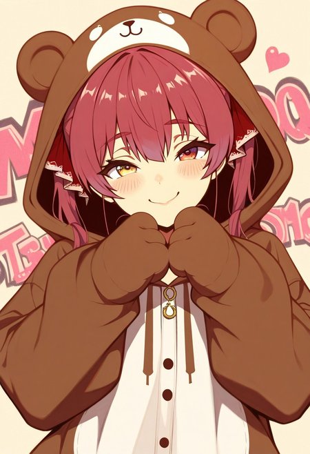 masterpiece, best quality, amazing quality,
1girl, houshou marine from hololive, stunning, wearing a oversized bear onesie, cute, innocent, fun dynamic pose, naughty expression, cheeky, unique hair, stylish hair, unique hair colour, detailed eyes, flat background, abstract art background, graffiti background, very aesthetic, (very playful), cute hands