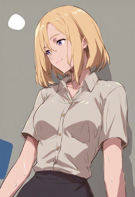 Beautiful sketch, anime, SK3, minimalist, simple drawing, simple shadows, a female model, blonde hair, wearing a button-up and black skirt, in a office,  low-angle view, smiling, wet, pink and orange lighting, drawing