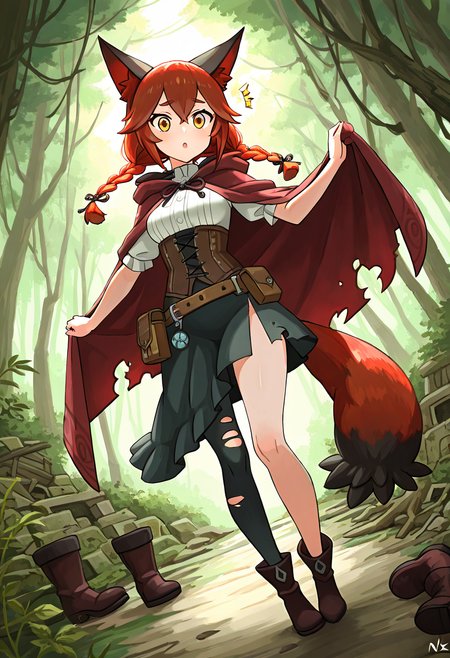 masterpiece, best quality, looking at viewer,      zzNickit, 1girl, solo,   twin braids, windswept fringe, tattered cloak, leather corset top, torn leggings, asymmetrical skirt, utility belt with pouches, overgrown forest ruins, mid-leap pose, alert expression, shafts of sunlight cutting through trees â Leaping from one mossy stone to another in a forgotten woodland shrine, she glances sharply to the side, twin braids snapping behind her. Her tattered cloak flares as she moves, revealing a weathered corset and belt stacked with tiny tools. Leaves crunch beneath her worn boots as she disappears into the ruins like a whisper in the underbrush.  ,<lora:NickitPokedex_IXL_v1:1.0>,  foreshortening, dynamic angle, close up,