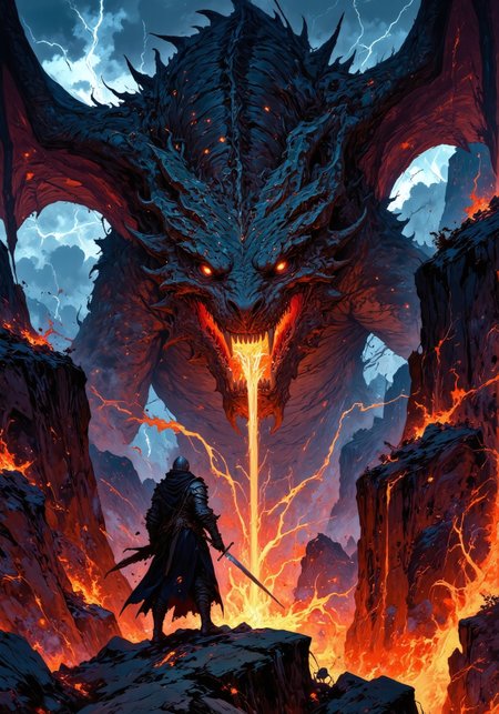 Masterpiece, best quality. A lone knight in battle-worn steel armor stands at the edge of a volcanic chasm, sword raised, facing a colossal dragon and holding a sword. The dragon looks directly at the knight, its obsidian-black scales shimmer with molten reflections, its massive wings outstretched, ember-like eyes glowing with ancient fury. Fire churns in its throat, illuminating jagged fangs as it prepares to unleash a torrent of flames. The knight’s tattered, singed cloak billows in the updraft, his legendary sword pulsating with an eerie silver glow. Rivers of lava cascade down the volcanic cliffs, casting flickering red and orange light onto the battlefield. Embers, smoke and ash swirl through the midnight sky, lightning crackling in the distance. The scene is cinematic and dramatic, with a rich fantasy-art aesthetic, highly detailed textures, and intense lighting effects. sharp image, rim lit, cinematic lighting, 8K resolution.  DB4RZ, DB4RZ style painting, painted world, DarkAtmosCE style, FluxEpicDragon