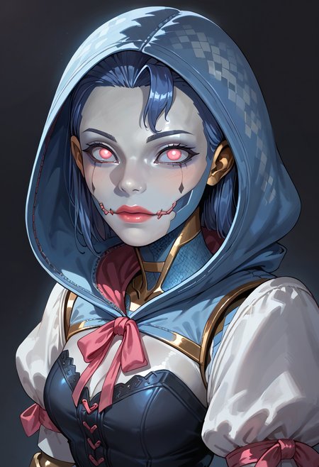 score_9,score_8_up,score_7_up,score_6_up,dark background,d0llf4ce,close-up,portrait,from side,looking at viewer,1girl,solo,robot,joints,hood,android,metal skin,mechanical legs,argyle pants,puffy sleeves,blue skin,grey skin,pink ribbon,blue sclera,medium breasts,pink eyes,humanoid robot,corset,blue hair,<lora:MyTrainings\Temp\Apex\Ash_Dollface_Pony_ARZUMATA.safetensors:0.6>