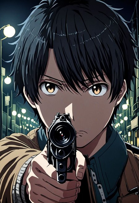high resolution, solo, best quality, 1Boy, Inaho Kaizuka, Black Hair, portrait, midnight, dim street lights, mysterious, threatening, gun, aiming the gun to the viewer, OverallDetail