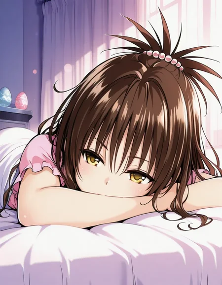 highres, best quality, masterpiece, Easter egg \\{concept\\}, \\{emergence\\}, pastel colors dominate the scene, \\{lighting\\}, nestled in a bed of \\{flowers\\}, soft-focus background, bokeh effect, natural light, ultra-fine details, digital painting., Mikan Yuuki, y mikan,brown hair,long hair,yellow eyes,hair ornament,hair bobbles,