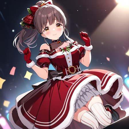 (masterpiece),suzumurayu,1girl,smile,yumas dress,yumas gloves,yumas ankle boots,yu vertical-striped thighhighs,high ponytail,looking at viewer,blush,solo,<lora:SuzumuraYu:0.8>,on depth of field,on stage,happy_tears,cinematic_angle,