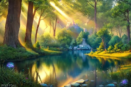 (masterpiece:1.2), (best quality,:1.2), 8k, HDR, ultra detailed, ((photorealistic)), professional light, cinematic lighting, fashion photography, ambient lighting, face lighting,  <lora:detail_slider_v4:4.>, a small lake in a forest, sunlight, godrays, reeds, FanFo, <lora:FantasyForest-10:0.9>, epiCPhoto