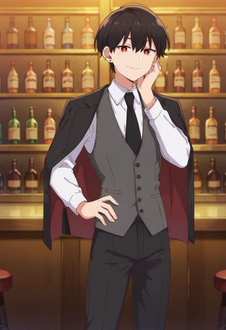 score_9,score_8_up,score_7_up,score_6_up,score_5_up,score_4_up,anime coloring,source_anime,<lora:Suou_How_I_Attended_an_All-Guys_Mixer_Pony:0.8>,suou,1girl,solo,red eyes,black hair,short hair,earrings,ear piercing,mole under eye,dress shirt,black necktie,grey vest,jacket on shoulders,black pants,smile,standing,indoors,bar,looking at viewer,