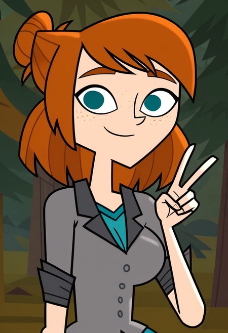 ((Forest background)),score_9, score_8_up, score_7_up,score_6_up, 
1girl, Solo, Ellie_DC, pale skin, teal eyes, freckles, pumpkin hair, shoulder-length hair, hairstyle bun, grey buttoned jacket rolled up sleeves, turquoise t-shirt, black skirt, long socks with black-grey stripes, black boots, big eyes, tall stature, social smile, perfect eyes, perfect smile, looking at the viewer, big breasts, detailed eyes, perfect eyes, cute, standing, (front pose, bust shot, close up to face, face portrait:1) 5 fingers, perfect hands, hand up symbol peace