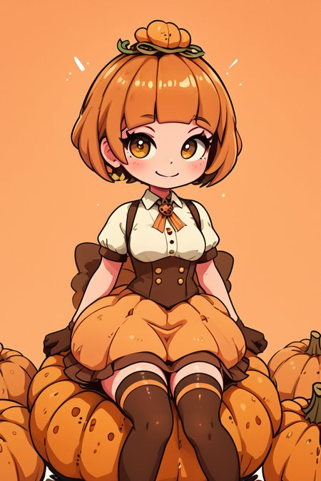 score_9, score_8_up, score_8, medium breasts, (curvy), cute, eyelashes,       BREAK, , ,,, zzPmpknGrl, brown eyes, short hair, brown hair, blunt bangs,  gloves, thighhighs, short sleeves, jack-o'-lantern, pumpkin, shirt, sitting, white shirt, <lora:PumpkinGirl_Masashi_PDXL:0.8>,   ,,, , BREAK, smile, looking at viewer, cowboy shot, ,,, embedding:zPDXL, Expressiveh, ,,, <lora:CuteToonPDXL:1.0>, <lora:SDXLFaeTastic2400:0.5>, <lora:Expressive_H-000001:0.4>,