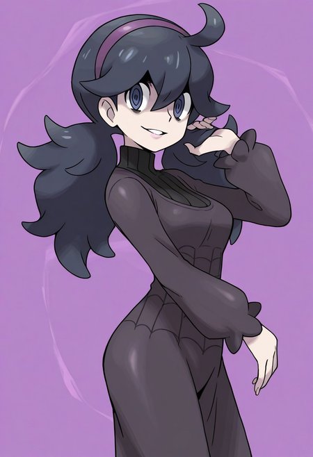 sugimori ken, official style, 
best quality, masterpiece, amazing quality, very aesthetic, absurdres, 
1girl, solo, 
cowboy shot, side view, 
adjusting hair, 
hex maniac \(pokemon\), 
lotails, 
looking at viewer, parted lips, 
abstract background