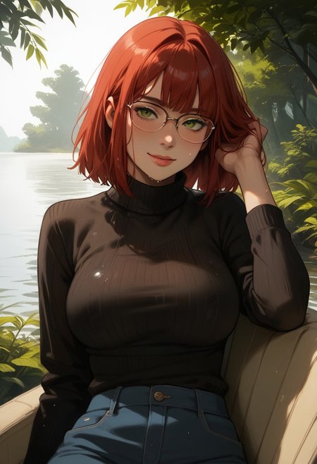 score_9,score_8_up,score_7_up,score_6_up,score_5_up, masterpiece, best_quality, ultra-detailed
BREAK 
1girl, solo, short red hair, bangs, green eyes, aviator glasses, large breasts, black turtleneck sweater, blue jeans, wet hair, sideways glance, wet clothes, water, blush, wet skin, smiling, hand in hair, lying on beach chair
BREAK
ruanyi1126,forest,outdoors,flower,