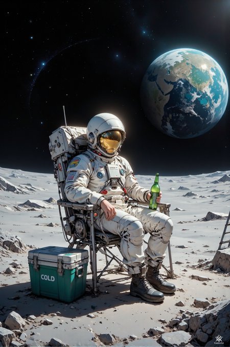 The image is a digitally created CGI scene depicting a lone astronaut relaxing on the Moon's surface. The astronaut, positioned in the foreground, is lying on a metallic chair, wearing a white spacesuit with a reflective gold visor covering their eyes. The spacesuit has various textures and seams, giving it a realistic appearance. The astronaut is holding a green bottle in their right hand, suggesting they might be enjoying a drink. Their left leg is propped up on a green, rectangular cooler box with white lettering that reads "COLD," implying it holds drinks or other chilled items.
The background features the vast, barren expanse of the Moon's surface, with its gray, rocky terrain and numerous craters. In the distance, the Earth is visible, partially illuminated by sunlight, showing its blue and green continents and white clouds. The Earth appears to be in the right half of the image, while the Moon's horizon is at the center. Above the Earth, the dark expanse of space is dotted with countless stars, creating a sense of vastness and isolation. To the right, a small, metallic ladder is leaning against the Moon's surface, suggesting a recent landing or exploration. The scene combines elements of realism and surrealism, creating a striking and imaginative depiction of space travel.
 <lora:DarksunRIDDV3:0.5> <lora:flux_hyperkraximalism-balanced:0.5> <lora:Midjourney_-_SemiReal_Dreams_FLUX_LoRA:0.5> <lora:CPA:0.5> <lora:Anime_realistic_v2:0.5> Realistic anime style <lora:BLUE_mk4_angel_FLUX_01:0.5>