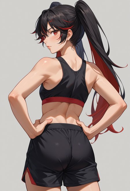 score_9, score_8_up, source_anime, 1girl, solo, LuciaPlume, long hair, twintails, streaked hair, gradient hair, from behind, looking back, hands on hips, sports bra, black shorts, ass, <lora:ChamLuciaPlumePonyXL:1>