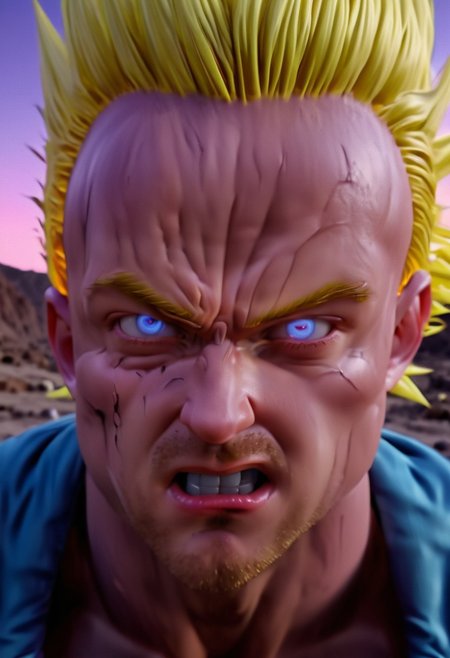 cinematic film still, saturated colors,  negative space, 
establishing standing shot, looking at viewer, 
1boy , zoomed in
muscular man, blond spiked hair, super saiyan, glowing, electricity , , solo, 
face of jesse pinkman, (breaking bad style), 
closed mouth, eyes open
backdrop is a desolate rocky plateau, dusk time