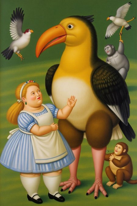 fernandobotero1 painting.
joten1. A fantastical encounter between a young girl, Alice, and a giant, prehistoric-looking bird. Alice, wears a blue and white striped dress, a white apron, and white stockings. She is talking with a anthropomorphic Dodo bird. There are other birds and and a monkey behind them. 
 <lora:fernandobotero1_cap_d6a3e7:1.0><lora:840276408619096200:0>