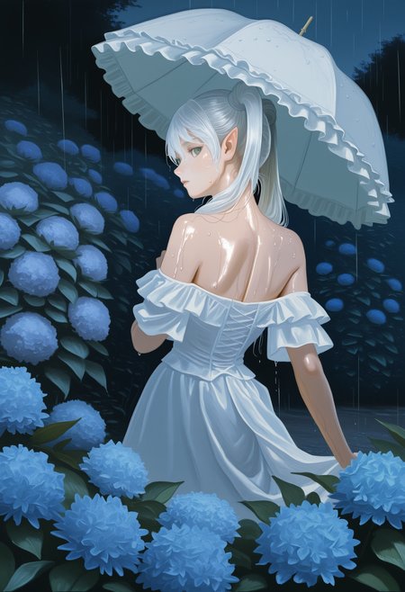 painterly, artist:[van gogh|monet|renoir|edgar degas|cqtlatte|xilmo],
1girl, white hair, long hair, twintails, green eyes, pointy ears, collarbone, nape, fine art, blue flower, bare shoulders, off-shoulder dress, frills, outdoors, garden, scenery, from behind, looking back, hydrangea, rain, dark, night, wet, parasol,
scenery, abstract background,
newest, impasto, brushstroke, impressionism, chiaroscuro, oil painting \(medium\), newest, absurdres, masterpiece, very aesthetic
