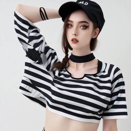 mirror, black choker, arms up, o-ring, striped, raglan sleeves, maid, hat, sports bra