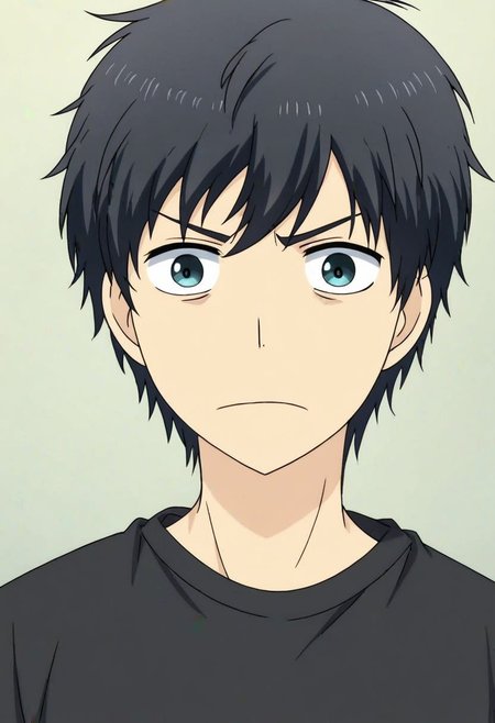 high resolution, solo, best quality, 1Boy, Arata Kaizaki, Black Hair, potrait, dark shirt, looking at viewer, focused gaze forward, simple background, straight body, upper body, head upright, jealousy, OverallDetail