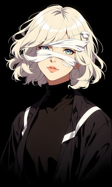 The subject is a person with striking, platinum blonde hair that appears to be styled in an avant-garde manner. The hair is voluminous and dynamic, giving the impression of movement or wind. The most distinctive feature is the white ribbons wrapped around the subject's head, partially obscuring their eyes and adding an element of mystery and artistic expression. 
The subject's facial expression is neutral, with closed lips and a calm demeanor. The eyes are not visible due to the ribbons, which adds to the enigmatic quality of the image. The overall expression conveys a sense of serenity and introspection. 
The subject is facing slightly towards the camera, with their head tilted at a subtle angle. This pose allows for a clear view of the face and the intricate arrangement of the ribbons. The posture is relaxed yet poised, suggesting a deliberate and thoughtful presentation. 
The subject is wearing a black outfit consisting of a high-necked top and a structured jacket. The clothing is simple yet elegant, with clean lines and a sophisticated silhouette. The black color contrasts sharply with the white ribbons and the light hair, creating a visually striking composition. 
The camera is positioned at eye level, capturing the subject from a medium close-up distance. This angle allows for a detailed view of the face, hair, and ribbons while still including part of the upper body. The framing centers the subject, drawing immediate attention to the unique hairstyle and the ribbons. 
The lighting is soft and even, with no harsh shadows. The light source appears to be coming from the front, illuminating the subject's face and hair evenly. The contrast between the light hair and the dark background is enhanced by the lighting, making the subject stand out prominently. 
The background is a solid, dark color, likely black, which provides a stark contrast to the subject. The simplicity of the background ensures that all attention is focused on the subject and their unique appearance. There are no other elements or distractions in the background, emphasizing the artistic and conceptual nature of the image. 
The composition is balanced and carefully constructed. The subject is centered in the frame, with the ribbons and hair creating interesting lines and shapes that lead the viewer's eye around the image. The contrast between the light hair and ribbons against the dark background and clothing creates a strong visual impact. The overall composition is both striking and thought-provoking, inviting the viewer to contemplate the artistic choices and the message behind the image. 
BREAK anime, d13s3lp2nk, bboil artist style, OBdonman, Anime art, <lora:FLUX\Anime Art V3:0.2>, <lora:FLUX\Synesthesia:0.2>, <lora:FLUX\RetroAnimeS1.1:0.5>, <lora:FLUX\Flux-jijia:0.1>, <lora:FLUX\It's a LoRA for portraits, BUT! actually specialized in backgrounds. v1.0:0.1>, <lora:FLUX\GLSHS:0.2>, <lora:FLUX\Dieselpunk Delight - s0_9 g4:0.4>, <lora:FLUX\OBdonman, anime0style portrait:0.1>