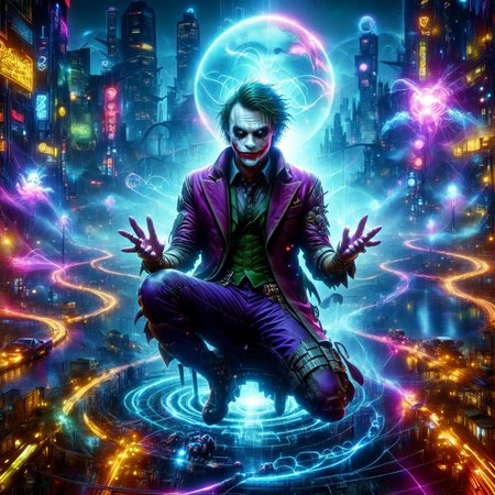 Cyberspace, PEJoker, An epic photo of The Joker floating in cyberspace, ((created by glowing magical energy in cyberspace)), virtual reality, (hologram:0.6), digital city, (matrix inspired landscape:1.2), neon streets, (cyberpunk art:0.8), cyberpunk netrunner's digital world, realistic, masterpiece, best quality, highly detailed, sharp focus, dynamic lighting,