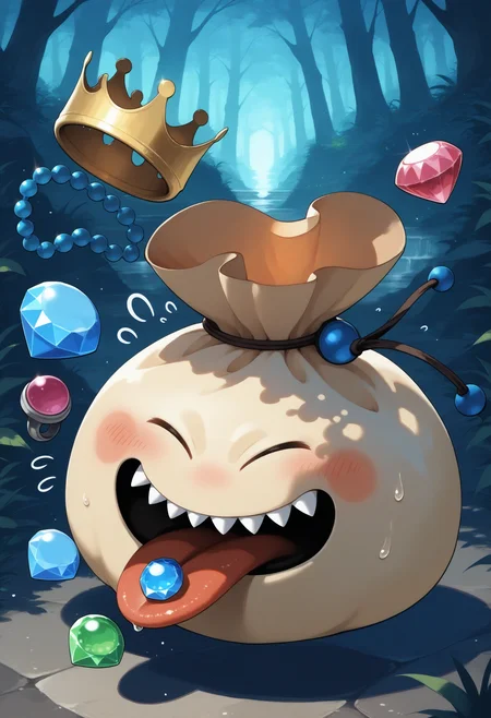 masterpiece,extreme detailed,outdoors,dungeon BREAK no humans,no_legs,full body,
BREAK goodybag_(dq),crown,no humans,gem,necklace,sharp teeth,open_eyes,tongue,<lora:goodybag_(dq)-NAI:1>,blush,closed eyes,sweatdrop,flying sweatdrops,