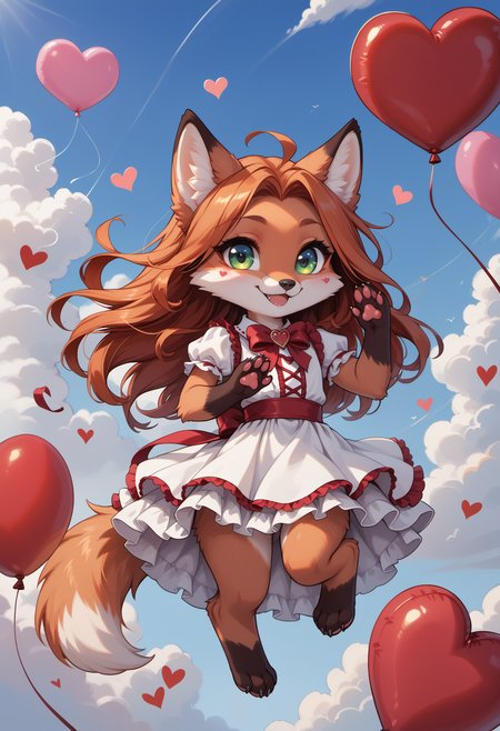 score_9, score_8_up, score_7_up, source_furry, rating_safe, simple illustration,
valentine theme, valentine's day card design, love theme, sky, clouds, hearts,
1girl, solo, dynamic angle,
furry female, (semi-anthro fox girl:1.2), (chibi:1.2), beautiful girl, (cute girl:1.2), beautiful face, detailed face, perfect eyes, detailed eyes, big eyes, green eyes, orange hair, long hair, (paws:1.1),
dress,
(balloon:1.1), holding balloon string, flying, floating, dynamic pose, happy, wide smile,
<lora:princess_xl_v2:0.6>, <lora:p_ami_v10_adafactor:0.4>, <lora:incase-ilff-v3-4:0.5>, <lora:CleanDetailed_Eyes:0.25>,âââ
