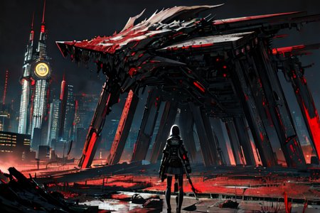 highly insanely detailed, masterpiece, top quality, best quality, highres, 4k, 8k, RAW photo, (very aesthetic, beautiful and aesthetic),  
tsutomu nihei,nihei_tsutomu,blame!,blame gakuen!,abara,TNstyle,sidonia_no_kishi,(city ruins,tower),lantern,bones,wire,bridge,dark background,decrepit,blm,cyberpunk,flock,dystopia,destroyed,science fiction,vast scenery,perspective,empty,open space,no human, 
<lora:ABARA:0>, 
(1girl:1.3), 
solo focus, 
rich red background,âââ