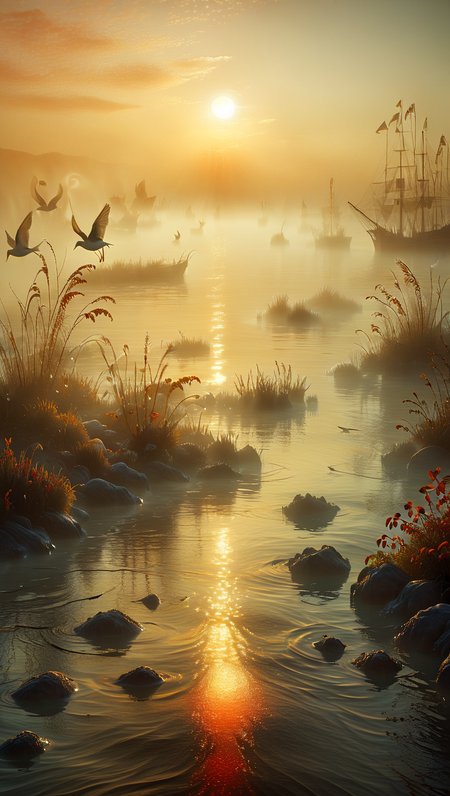 In the early hours of the morning, before the sun is high in the sky, the mist envelops the surface of the water and creates a heavenly atmosphere. The gentle lapping of the waves on the shore is the only sound that breaks the silence. As the first golden rays of sunlight penetrate into the distance, a chorus of birds awakens, their melodies harmonizing with the rhythm of the sea. The morning mist glistens with the promise of a new day, a beautiful sight. The picture is vivid, translucent and intricate with many details, many particulars can be seen, style by Matthias Haker, william turner, 
<lora:Paul_Signac_Neo-Impressionist_dotted_paintings_Pointillism:1> ah_signac  <lora:TQ_-__Kids_Storybook_Illustrations_XL-000006:0.5>   <lora:ral-lava-sdxl-v2:0.5> ral-lava   <lora:ral-ertmsphr-sdxl:1> ral-ertmsphr