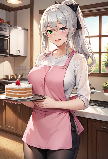 alfia_danmachi,  heterochromia, green eye, grey eye, long hair, silver hair, breasts,  official art, ponytail, pink apron,  hair ribbon , white shirt, black pants, BREAK indoors, kitchen  BREAK  cake, tray, smile, looking at viewer, smile, open mouth BREAK score_9, score_8_up, score_7_up, source_anime ,zPDXL, <lora:Alfia:0.8>