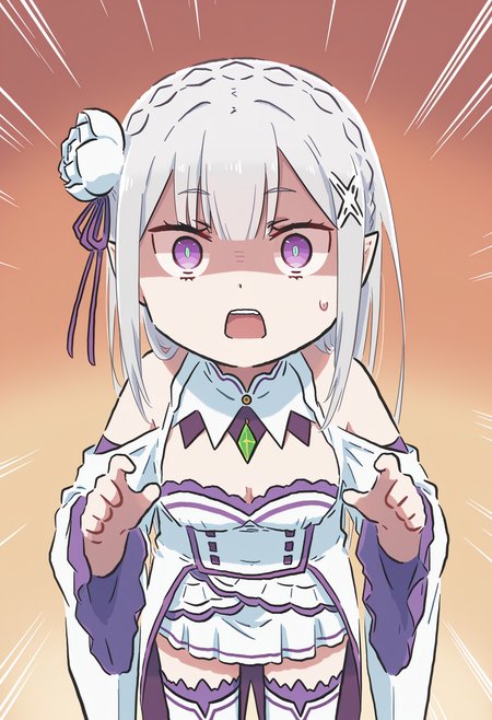 masterpiece,best quality,high resolution,source_anime,highly detailed illustration,
seductive, detailed eyes, very aesthetic,absurdres,newest, amazing quality,
detailed eyes, absurdres,newest, amazing quality,
<lora:shiXinzoroV1ill:0.65>, shixinzoruo, 
1girl, solo,
<lora:shiEmiliaV12ill:0.9>,  shimilia, long hair, grey hair, purple eyes, pointy ears, crown braid, hair flower, hair ribbon, purple ribbon, x hair ornament, white dress, cleavage, bare shoulders, wide sleeves, white thighhighs, thigh boots,
looking at viewer, sweatdrop, close-up, open mouth, surprised, emphasis lines, shaded face, surprised,