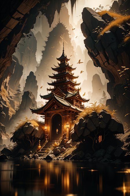 <lora:Calligraphy-ink-style-darquelilly-v1:0.7> calligraphyinkstyle, volumetric lighting, mysterious magical atmosphere, masterpiece, award winning picture, made of melded gold, its hiding a treasure of gold in a cave surrounded by melted gold,  <lora:dAIversity-LoRAtest-Photoreal-SD15-01:0.8>