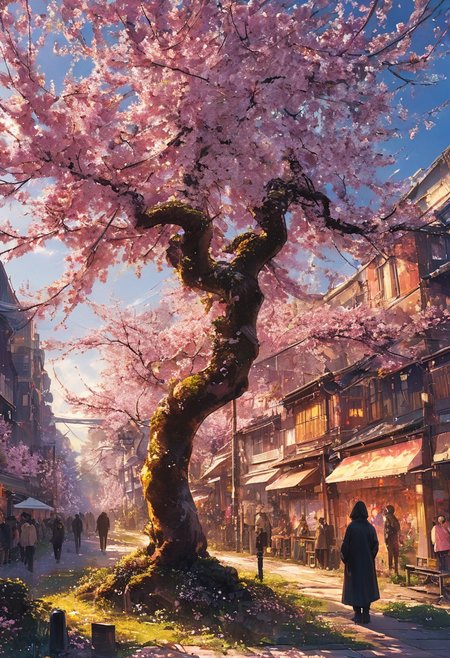 ultra high resolution, masterpiece, best quality,artwork,  Cinematic style,
play of shadow and light,
masterpiece, hyper realism, a high-resolution photograph, golden ratio, dutch angle, dynamic, side view, asymmetry, contrasting, unique, enigmatic, a big Vibrant  Cherry Blossom tree, cyberpunk, anime, aidma-niji , no human