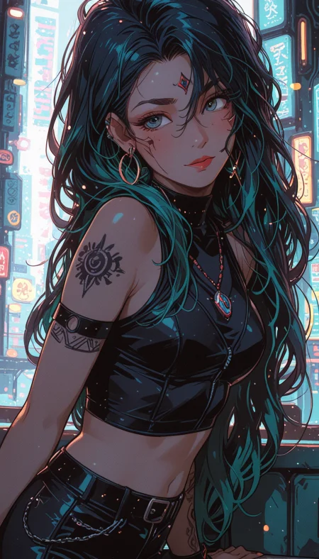 masterpiece,
pinkretroanime, retro art,
gOth1cPXL,
Cyberpunk Style, cyberpunk, science fiction, hi tech, future tech, neon, (Cybernetics:1.25), (Neon Cityscape:1.4), (lineless:1.5), smooth edges, (lighten the face:1.5), tall body, slender body, fit body, long legs, In the heart of a futuristic cityscape, a young woman stands confidently against a vibrant backdrop of neon lights and holographic advertisements. She is dressed in a striking black leather outfit adorned with silver studs and embellished with a subtle shimmer that catches the eye. Her long blue hair cascades down her shoulders, adding a touch of mystery to her persona. A matching teal headpiece rests atop her hair, its color contrasting beautifully with her vibrant locks. The woman's gaze is directed off to the side, and a subtle smile graces her face, hinting at a moment of contentment or perhaps an intriguing thought. Her body language exudes a sense of ease and familiarity with the environment around her. The background behind her is filled with the hustle and bustle of city life. The glow of numerous neon signs paints the scene with a futuristic ambiance, while the silhouettes of buildings in the distance suggest an urban metropolis. The ground beneath them appears to be made of polished metal, reflecting the myriad lights above, adding depth and dimension to the scene. Despite the busy surroundings, the woman stands out, her unique attire and confident demeanor making her a captivating figure amidst the city's night-time glow., 1girl, solo, long hair, breasts, looking at viewer, blush, bangs, blue eyes, shirt, black hair, navel, hair between eyes, bare shoulders, jewelry, medium breasts, very long hair, closed mouth, green eyes, blue hair, standing, multicolored hair, earrings, small breasts, parted lips, green hair, sleeveless, choker, midriff, belt, pants, indoors, necklace, stomach, nail polish, blurry, bracelet, from side, two-tone hair, aqua eyes, lips, streaked hair, crop top, fingernails, grey eyes, black shirt, eyelashes, sleeveless shirt, aqua hair, tattoo, makeup, leaning forward, depth of field, blurry background, turtleneck, chain, arm support, halterneck, wavy hair, facial mark, black pants, piercing, thick eyebrows, tank top, denim, lipstick, wristband, ear piercing, armband, light particles, forehead, buckle, armlet, pendant, zipper, backlighting, shiny clothes, black belt, jeans, hoop earrings, belt buckle, glint, forehead mark, realistic, nose, arms at sides, red lips, arm tattoo, arm strap, leather, facial tattoo, bead necklace, bokeh, cropped shirt, tight pants, lip piercing, sidelighting, leather pants