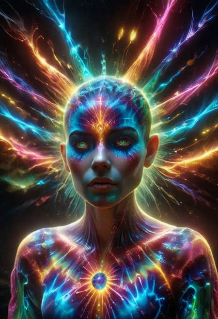 a full body fire entity girl with multicolored flames, purple and blue lights, green and blue flames, pink energy electric eyes, professional photography of an fantastical creature, young woman, shaved head Finely detailed, in a solarpunk environment, looking at viewer, solo, headwear removed, realistic, night blue sky, own hands, spooky makeup, entirely made of stars and galaxies, cyber light trails with whimsical elements, swirling magic, eerie fairytale landscape, elaborate fantasy style art, very colorful, intricate details, ultra sharp, exquisite detail, flawless composition, vivid colors, masterpiece, exciting background, psychedelicai, made out of,colorful,liquid,Murano Art Glass, GlowingInk, mad-glowtiedye, glowneon, glowing, sparks, lightning