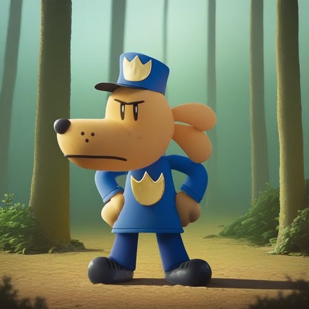 <lora:dogman_Illustrious_Mlaofmd-10:1.0>, masterpiece, high quality, absurdres, BREAK,  no humans, dogman, solo, black eyes, beige fur, dog ears, hat, police hat, blue shirt, blue pants, black shoes, police uniform, forest, standing, hands on hips, looking at viewer