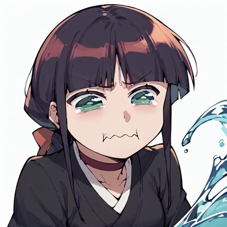 score_9,score_8_up,score_7_up,score_6_up,score_5_up,score_4_up, white background, solo, 1girl, aquacrying, wavy mouth, closed mouth, tearing up, nemu, nemu kurotsuchi, black kimono, red choker, water splash, flying ribbons, face focus, upper body