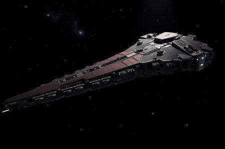 <lora:SpaceCraft_v.1:0.8> SPCCRFT style. A colossal dreadnought glides through the depths of space, its elongated, wedge-shaped form exuding an air of overwhelming power and strategic dominance. The vessel's dark, metallic hull is adorned with intricate geometric paneling and structural reinforcements, creating a layered, battle-hardened aesthetic that suggests both resilience and technological sophistication. The upper surfaces of the ship feature a blend of matte black and rust-toned plating, giving it a worn yet formidable appearance, as if it has endured countless engagements across the galaxy. The midsection of the vessel is lined with an array of heavy gun batteries, meticulously positioned along the flanks to provide maximum firing arcs across a vast battlefield. Each turret is embedded within reinforced housings, with angular armor plating designed to withstand incoming fire while delivering devastating salvos. The lower hull features additional docking bays and maintenance ports, seamlessly integrated into the ship's monolithic structure, hinting at its logistical capacity for prolonged operations. The command superstructure, rising subtly above the main body, houses advanced sensor arrays and tactical coordination systems, its angular contours enhancing the ship's sleek, predatory silhouette. The dark void of space serves as a stark backdrop, dotted with distant stars and faint nebulae, emphasizing the dreadnoughtâs immense scale and isolation within the cosmos. Rendered in a photorealistic sci-fi art style, the composition emphasizes intricate detailing, precise lighting, and a dynamic perspective that accentuates the shipâs massive presence. Soft highlights from distant celestial bodies cast subtle reflections across the hull, enhancing the texture and depth of its surface. The overall aesthetic conveys themes of strategic supremacy, relentless authority, and the unyielding pursuit of control in the vast theater of interstellar warfare.