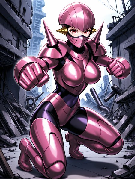 incoming punch,full armor,robot girl,robolady,1girl,solo,clenched hands,full body,pink thigh boots,looking at viewer,covered mouth,mouth mask,pink helmet,pink armor,shoulder spikes,pink gauntlets,purple bodystocking,ruins,factory,outstretched hand,shiny,fighting stance,
masterpiece,best quality,amazing quality,very aesthetic,absurdres,newest,<lora:Robolady illuXL v1:0.7>,