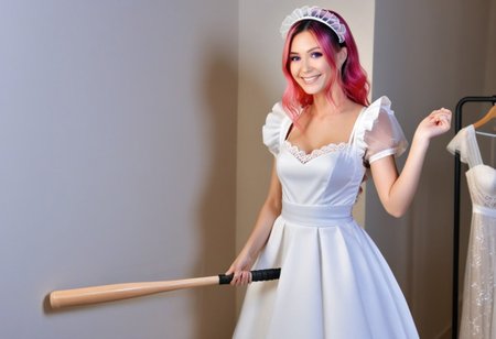 w0gf1l, 
wedding dress (made of tiny neon glass filaments:1.2), wedding dress on a mannequin, 
bridal store, 
BREAK 
1girl, looking at wedding dress on mannequin, happy, wide smile, giggly, 
CivChan, purple eyes, pink hair, 
traditional maid uniform, standing looking sweet, coy, holding a wooden baseball bat over her shoulder, smiling sweetly,